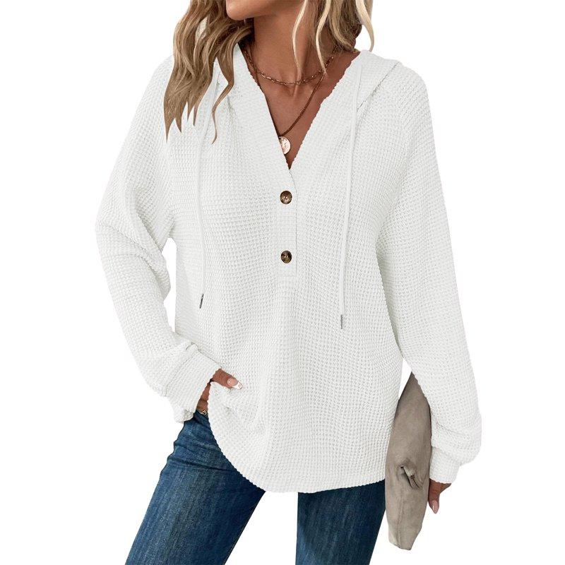 TEMOFON Hoodies for Women Long Sleeve Waffle Pullover Sweatshirts Casual V Neck Comfy Hoody Fall Ladies Trendy White Button Tops L