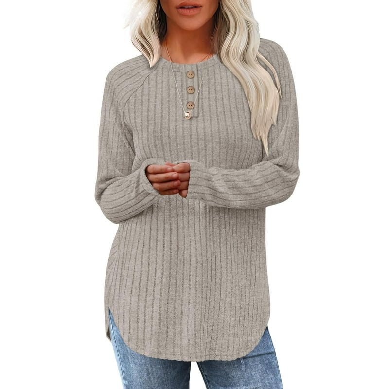 TEMOFON Long Sleeve Shirts for Women Loose Fit Dressy Casual Button Sweater Crew Neck Pullover Basic Sweaters for Women 2025