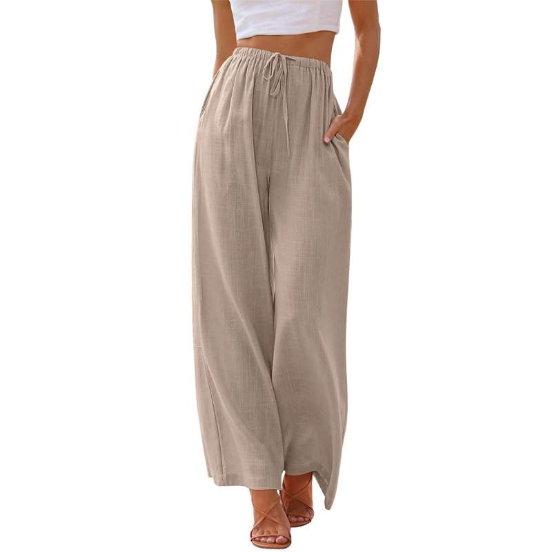 TEMOFON Pants For Women Wide Leg Linen Pant Summer Casual Palazzo Khaki Flowy Pants With Pocket Drawstring Loose Lightweight Pants L