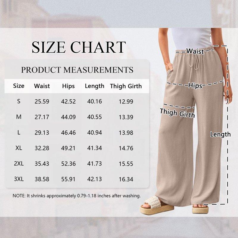 TEMOFON Pants For Women Wide Leg Linen Pant Summer Casual Palazzo Khaki Flowy Pants With Pocket Drawstring Loose Lightweight Pants L