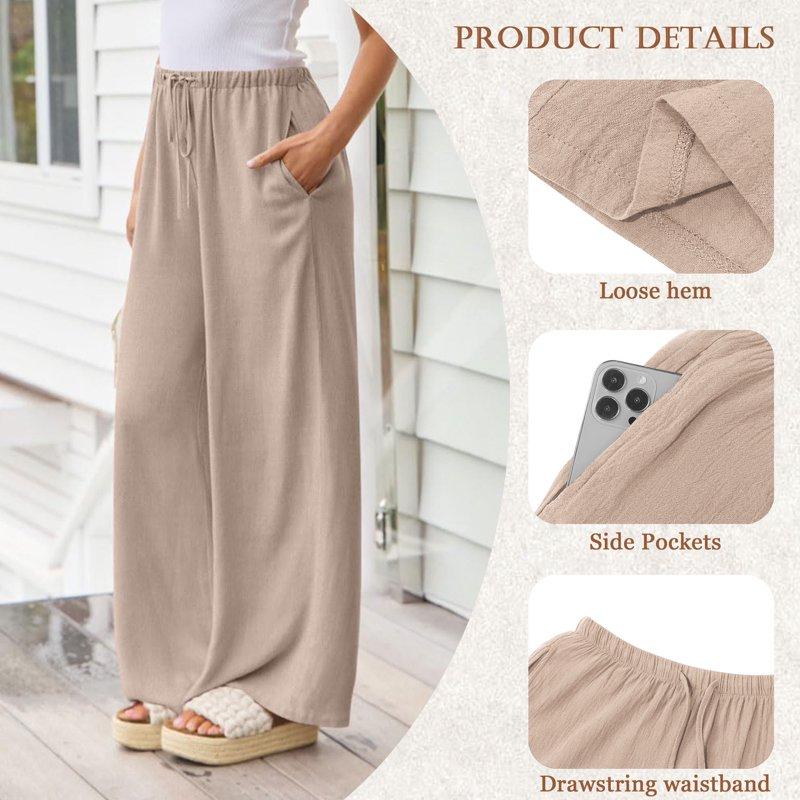 TEMOFON Pants For Women Wide Leg Linen Pant Summer Casual Palazzo Khaki Flowy Pants With Pocket Drawstring Loose Lightweight Pants L