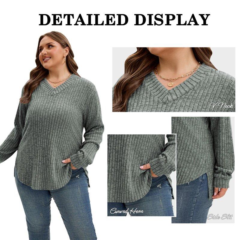 TEMOFON Plus Size Long Sleeve Shirts For Women V Neck Curved Hem Tunic Tops Lightweight Casual Loose Fit Fall Tops 3XL