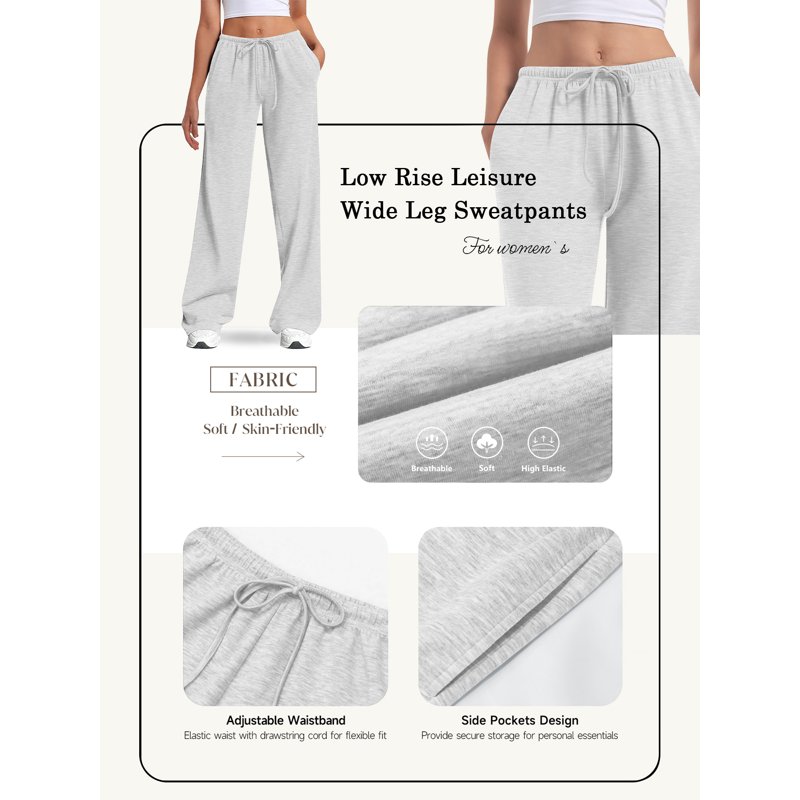TEMOFON Women's Straight Leg Low Rise Sweat Pants Wide Leg Sweatpants Drawstring Elastic Low Waist Pants With Pockets
