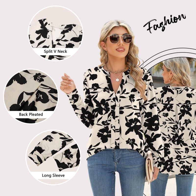 TEMOFON Women Tops Casual Business Split V Neck Floral Printed Pleated Blouses Loose Fit Fall Long Sleeve Work Shirts L