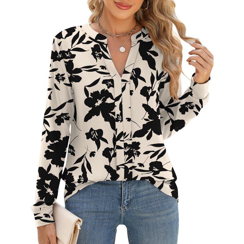 TEMOFON Women Tops Casual Business Split V Neck Floral Printed Pleated Blouses Loose Fit Fall Long Sleeve Work Shirts L
