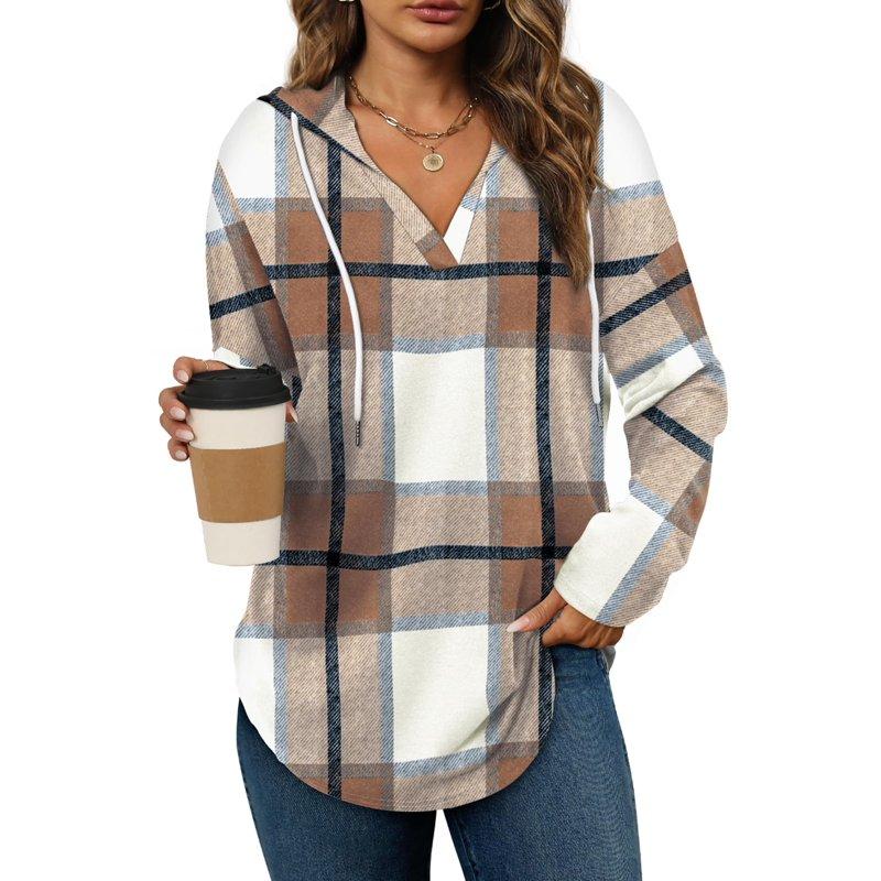 TEMOFON Women V Neck Plaid Hoodies Womens Fashion Tops Pullover Oversized Hoodies Long Sleeve Drawstring Hoodies Loose Fit