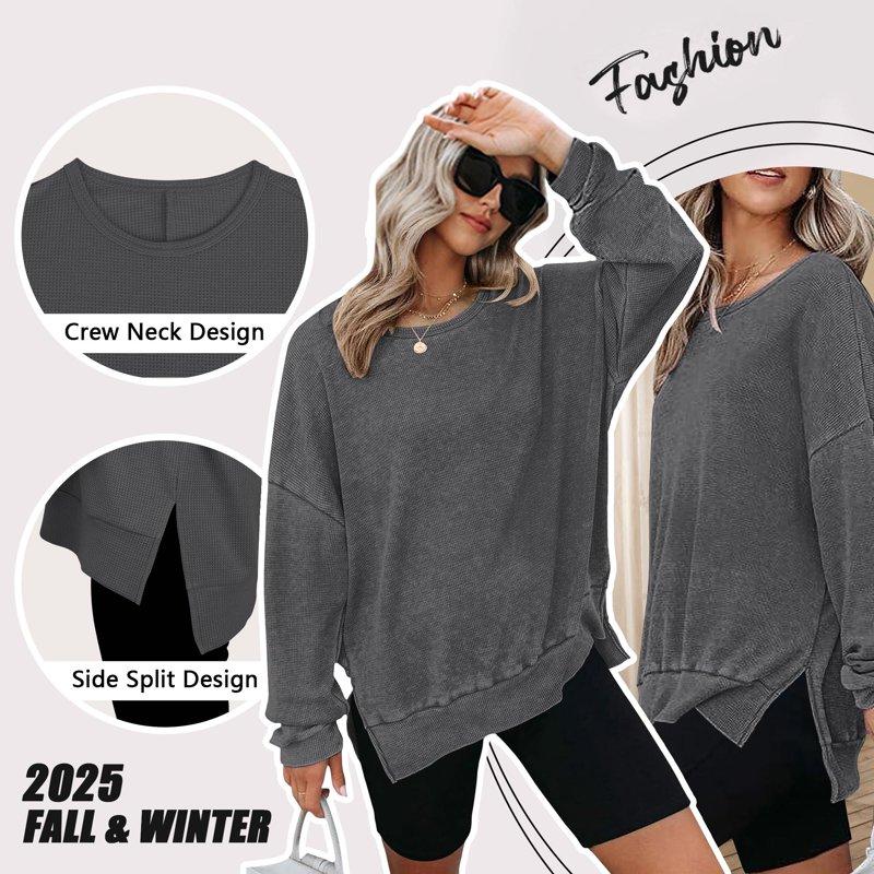 TEMOFON Womens Long Sleeve Tops Oversized Sweatshirts Waffle Knit Crew Neck Fashion Side Slits Casual Pullover Gray