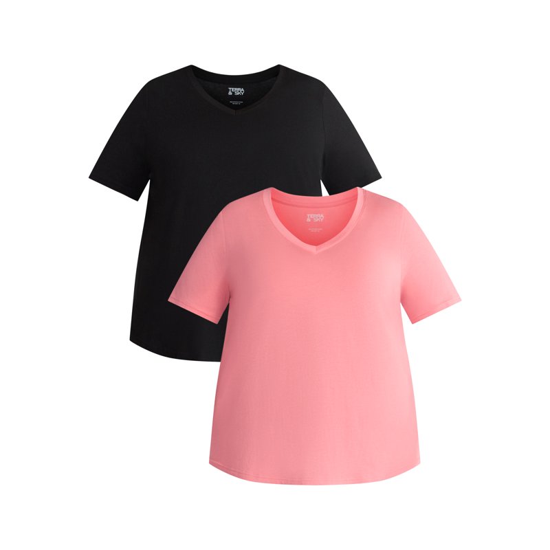Terra & Sky Women's Plus V-Neck Tee with Short Sleeves 2-Pack Sizes 0X-5X
