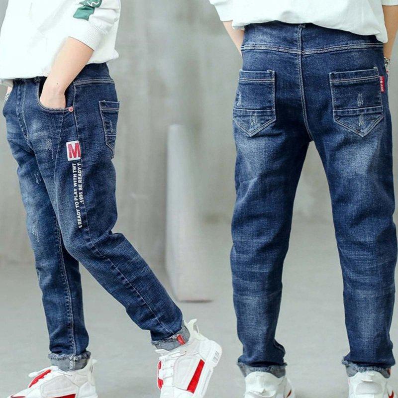 Tfken Jeans For Boys Children Raw Denim Slim-Leg Pleated Comfort Waist Distressed Daily Wear Blue Trousers Size 2-3 Years