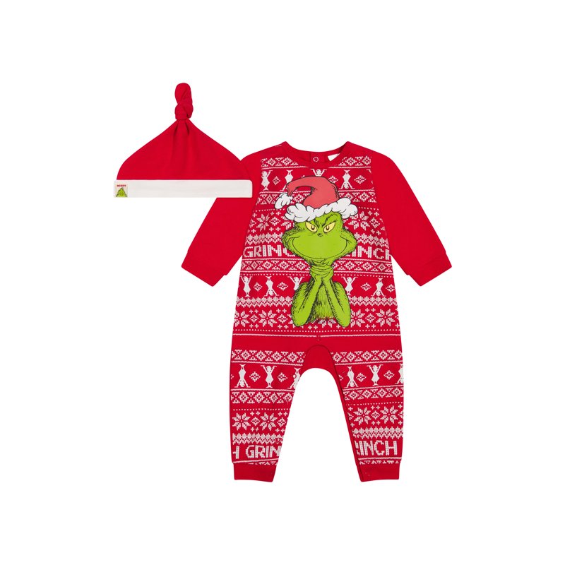 The Grinch Baby Unisex Red Long Sleeve Coverall And Hat Sizes 0/3M-24M