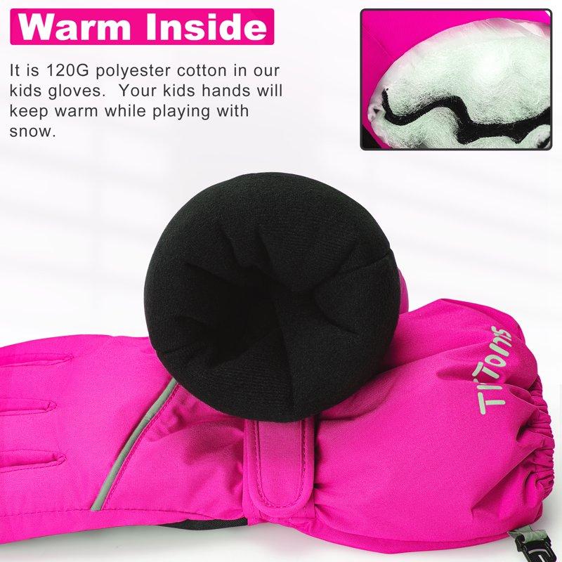 ThxToms Kids Warm Gloves Winter Waterproof Snow Gloves For Ourdoor Sports Toddler Bulky Ski Gloves For Boys Girls Rose Red M