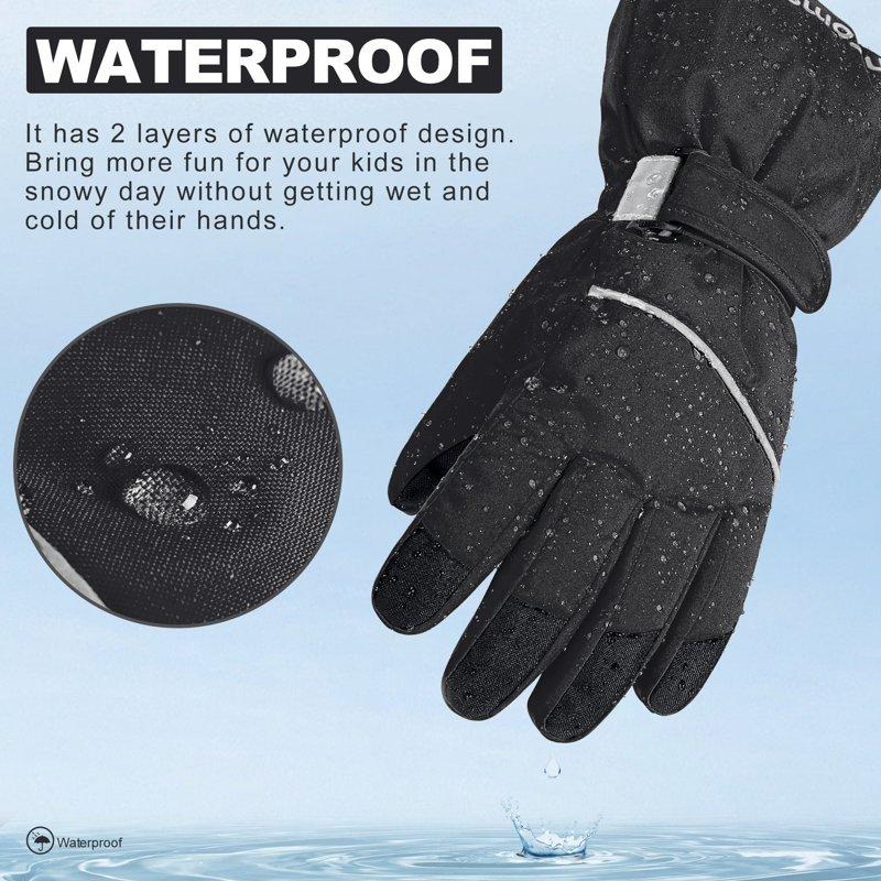 ThxToms Kids Warm Gloves Winter Waterproof Snow Gloves For Ourdoor Sports Toddler Bulky Ski Gloves For Boys Girls Black M