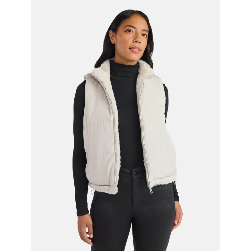 Time and Tru Women's and Women's Plus Faux Fur Reversible Vest Sizes XS-2X Time and Tru Women's and Women's Plus Faux Fur Reversible Vest Sizes XS-2X