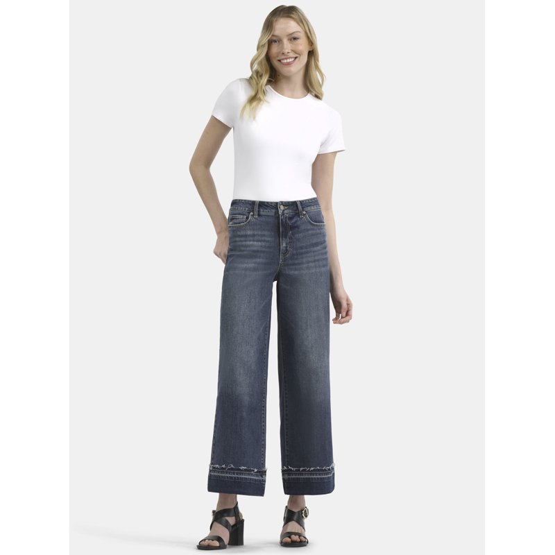 Time And Tru Women's And Women’s Plus High Rise Wide Leg Jeans With Frayed Cuffs Sizes 2-28