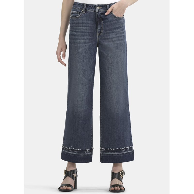 Time and Tru Women's and Women’s Plus High Rise Wide Leg Jeans with Frayed Cuffs Sizes 2-28