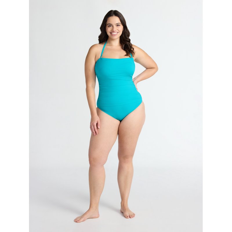 Time And Tru Women's And Women's Plus Ribbed Bandeau One Piece Swimsuit Sizes XS-2X