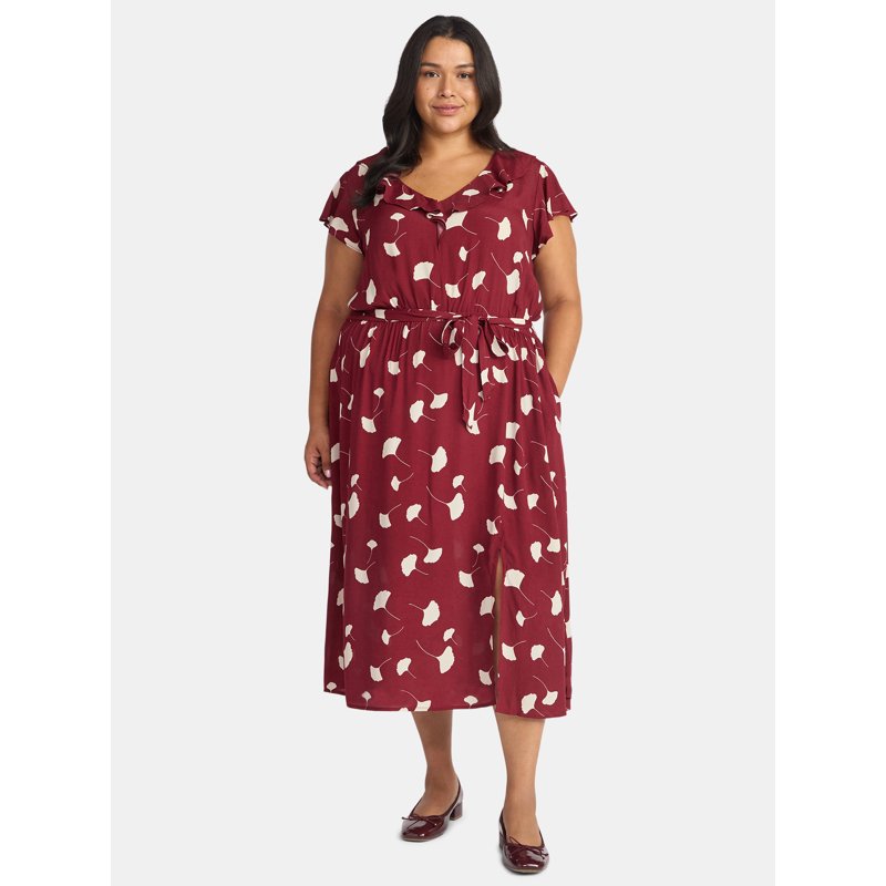 Time And Tru Women's And Women's Plus Ruffle Midi Dress With Flutter Sleeves Sizes XS-4X