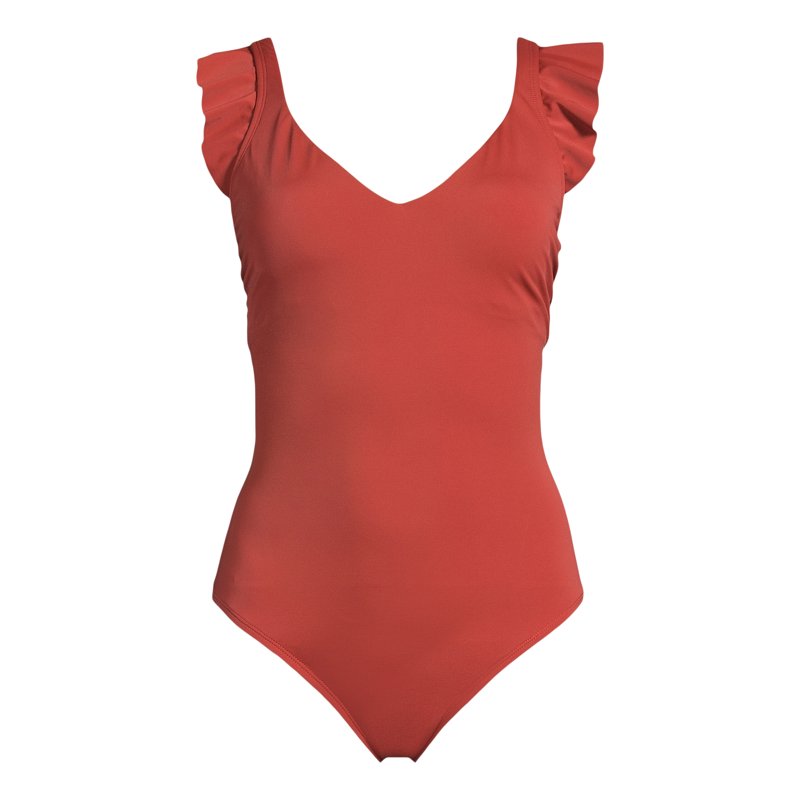 Time And Tru Women's And Women's Plus Solid Ruffle Sleeve One Piece Swimsuit Sizes S-3X