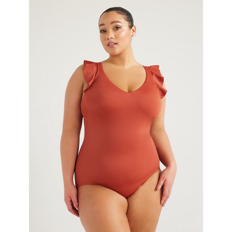 Time And Tru Women's And Women's Plus Solid Ruffle Sleeve One Piece Swimsuit Sizes S-3X
