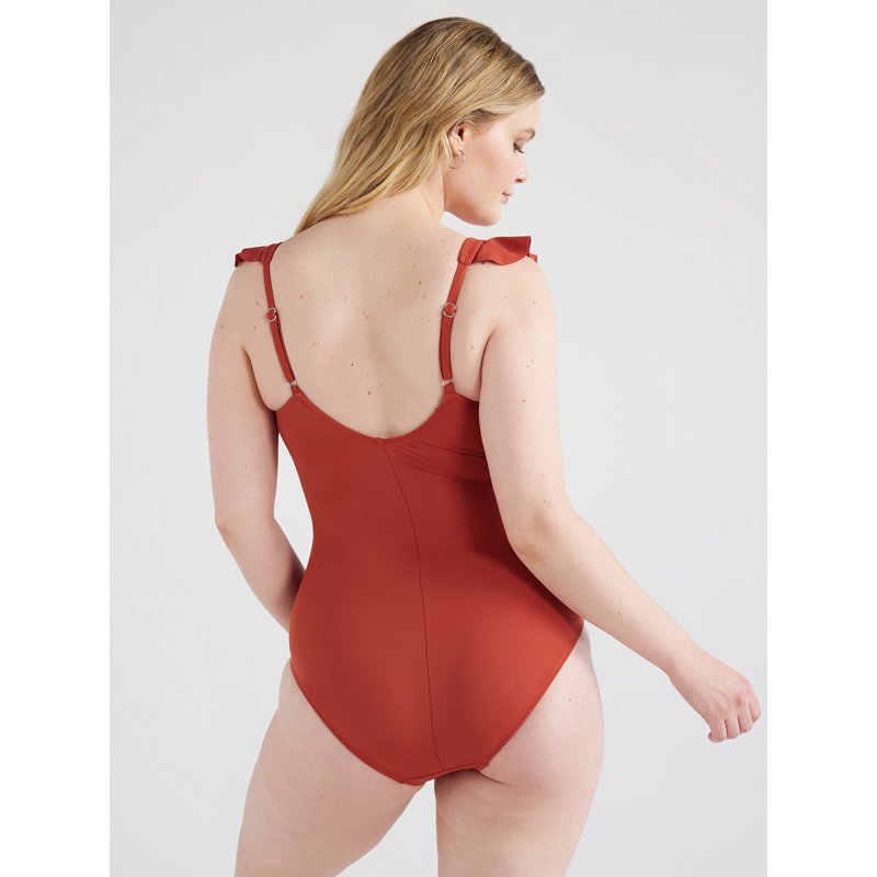 Time And Tru Women's And Women's Plus Solid Ruffle Sleeve One Piece Swimsuit Sizes S-3X
