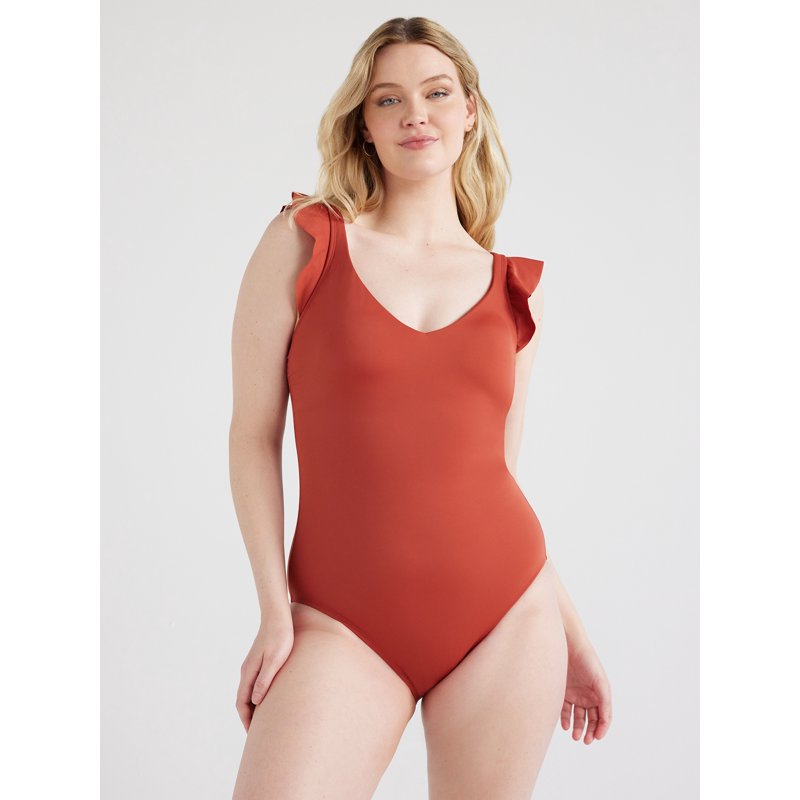 Time and Tru Women's and Women's Plus Solid Ruffle Sleeve One Piece Swimsuit Sizes S-3X