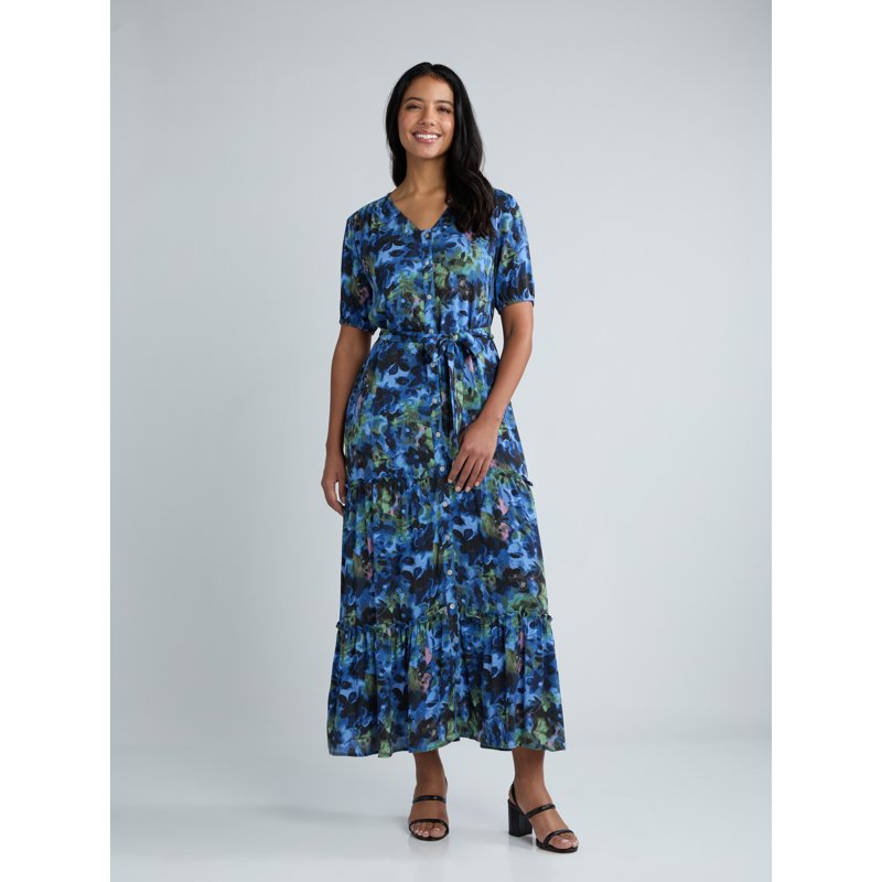 Time and Tru Women's Crinkle Maxi Dress with Short Sleeves Sizes XS-XXXL Time and Tru Women's Crinkle Maxi Dress with Short Sleeves Sizes XS-XXXL