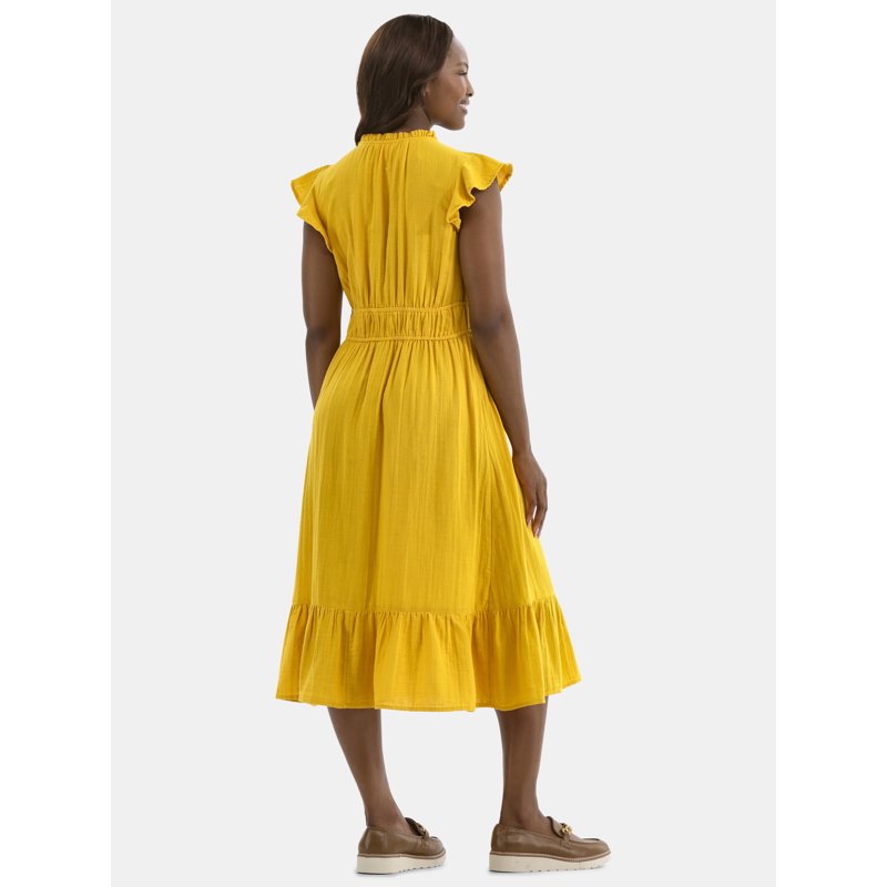 Time And Tru Women's Double Cloth Cotton Midi Dress With Flutter Sleeves Sizes XS-XXXL