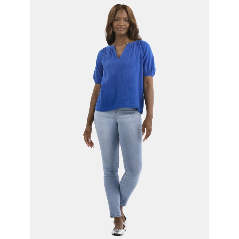 Time And Tru Women's Double Cloth Cotton Top With Short Sleeves Sizes XS-XXXL