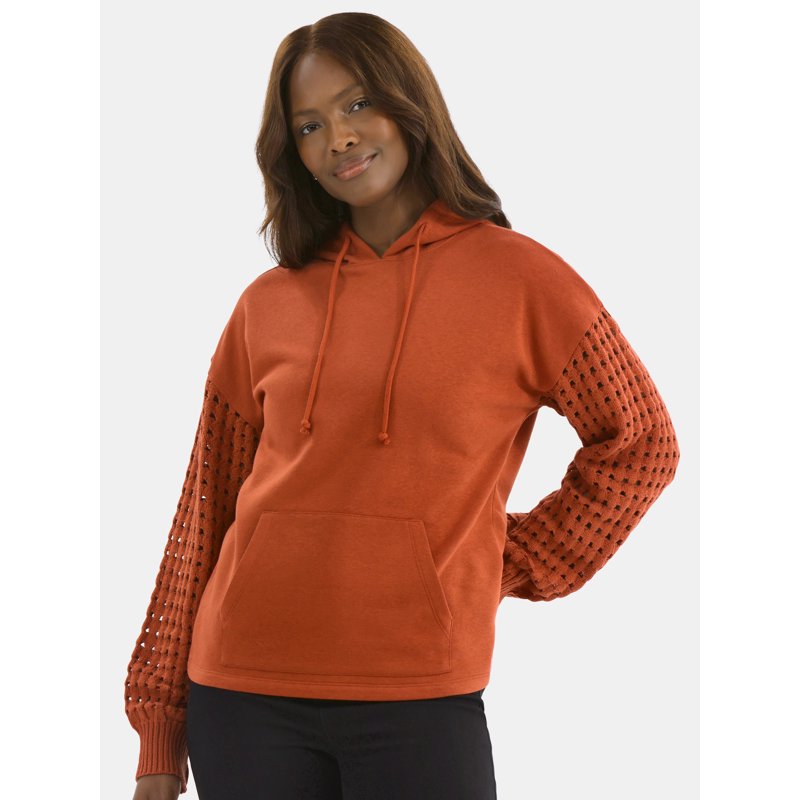 Time and Tru Women's Fleece Hoodie with Crochet Long Sleeves Sizes XS-XXXL