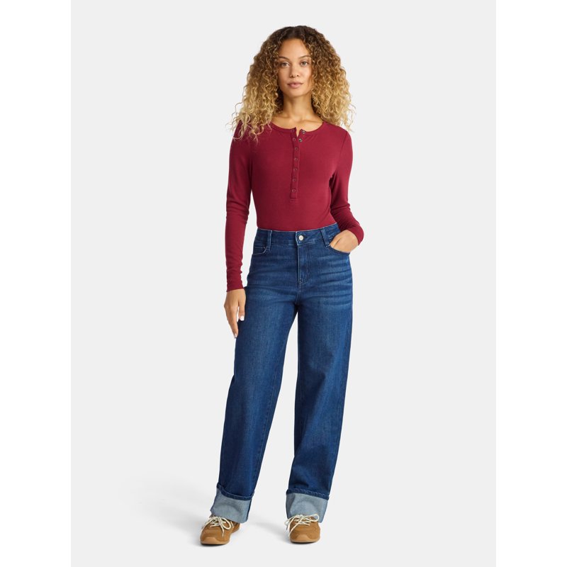 Time And Tru Women's High Rise Straight Jeans With Cuffs 29" Inseam Sizes 0-20