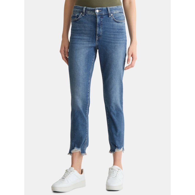 Time and Tru Women's High Rise Straight Leg Destructed Hem Jeans 26" Inseam Sizes 0-20