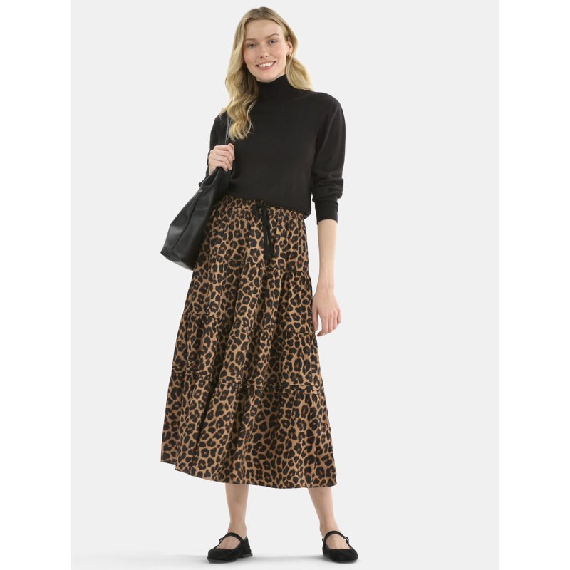 Time And Tru Women's Print Tiered Pull On Midi Skirt Sizes XS-XXXL
