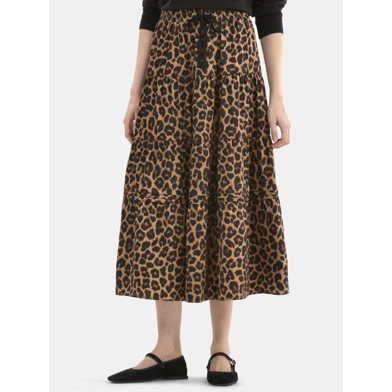 Time and Tru Women's Print Tiered Pull On Midi Skirt Sizes XS-XXXL