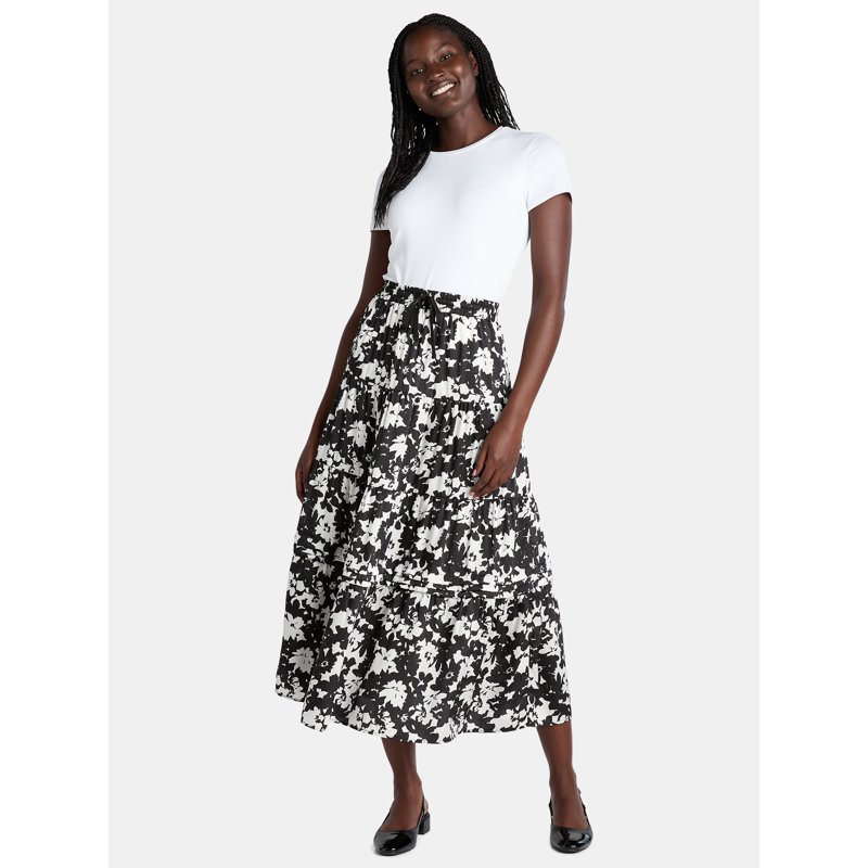 Time and Tru Women's Printed Tiered Midi Skirt Sizes XS-XXXL