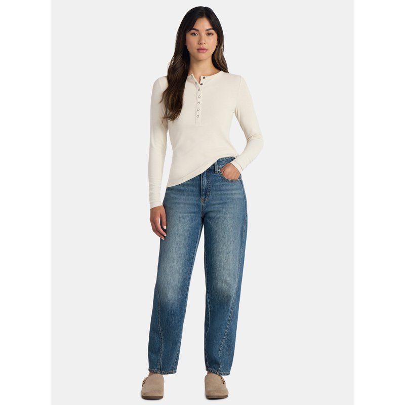 Time And Tru Women's Ribbed Henley Shirt With Long Sleeves Sizes XS-XXXL
