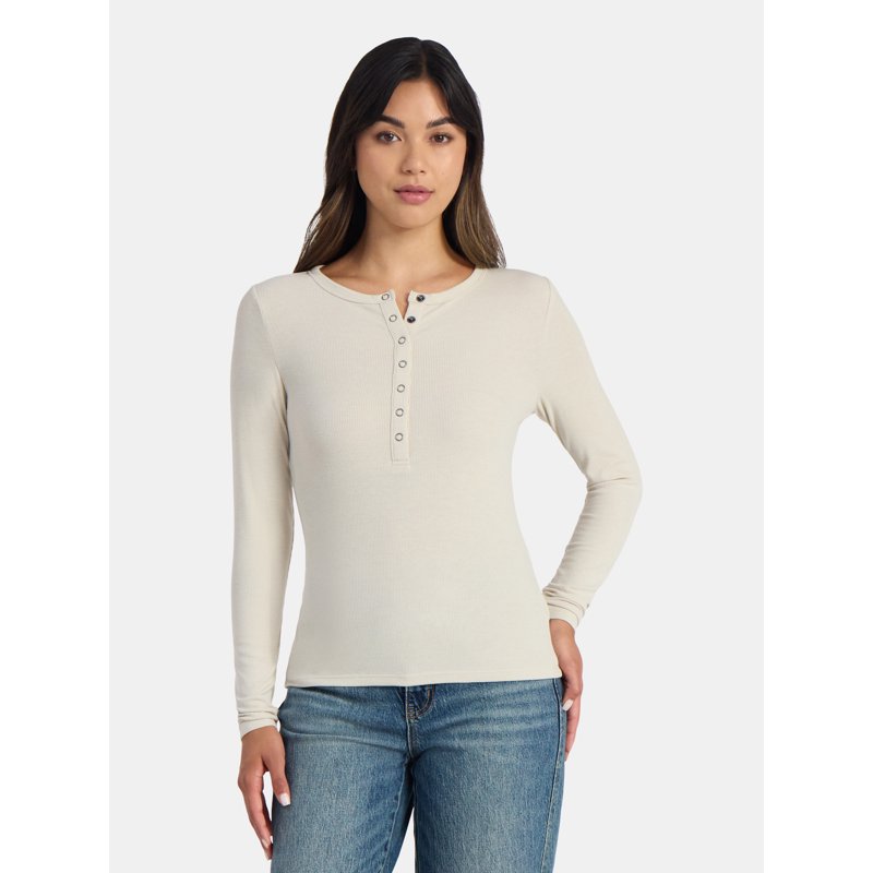 Time and Tru Women's Ribbed Henley Shirt with Long Sleeves Sizes XS-XXXL