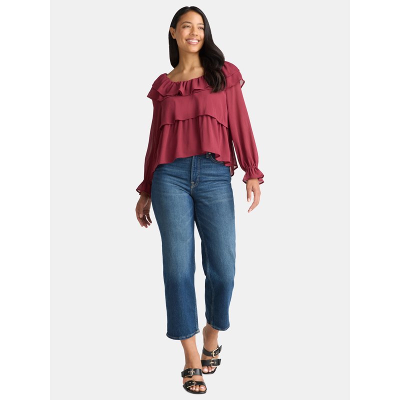 Time And Tru Women's Ruffle Neck Blouse With Long Sleeves Sizes XS-3XL