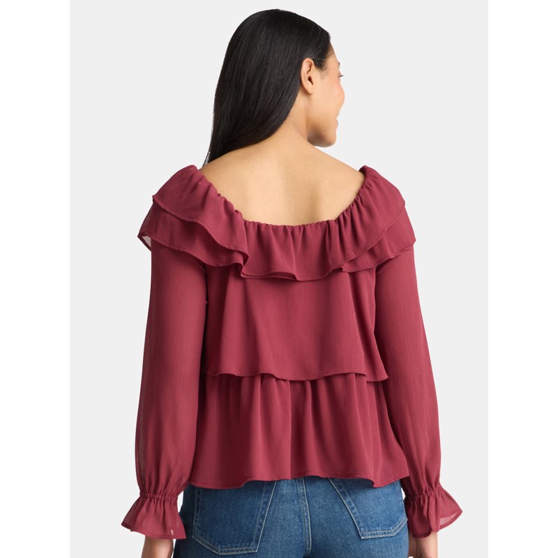 Time And Tru Women's Ruffle Neck Blouse With Long Sleeves Sizes XS-3XL