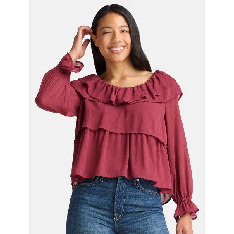 Time and Tru Women's Ruffle Neck Blouse with Long Sleeves Sizes XS-3XL Time and Tru Women's Ruffle Neck Blouse with Long Sleeves Sizes XS-3XL