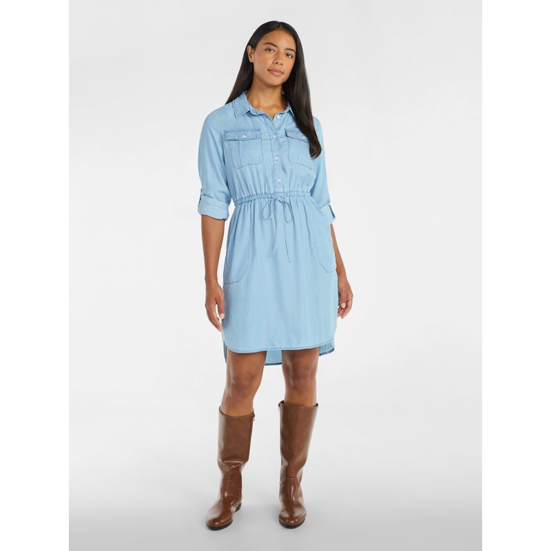 Time And Tru Women’s Soft Chambray Utility Shirt Dress Sizes XS-XXXL