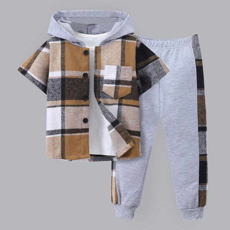 Toddler Boy Clothes Plaid Hooded Shirt - 2 Piece Outfit: Button Front Toddler Hoodie & Sweatpants Set (3~7 Years) Boys Clothes Size 8 Cotton