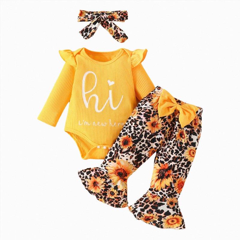 TOWED22 Newborn Baby Girl Clothes Fall Winter Outfits Pants Set with Headband for Infant Girls 0 3 6 9 12 18 Months(Yellow 9-12 M)
