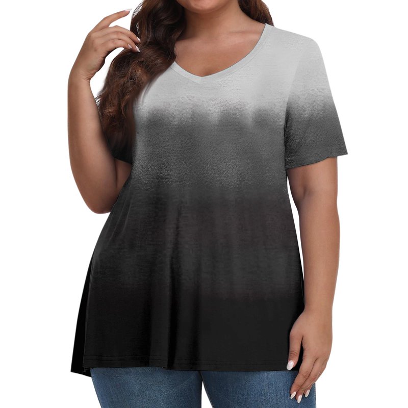 TQWQT Women's Plus Size Tops 4x-5x Plus Spring Tops V Neck Gradient Print Short Sleeves Tee Dressy Casual Blouses 5x Women Plus Size Clothing Navy L