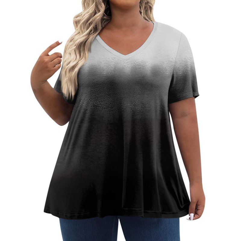 TQWQT Women's Plus Size Tops 4x-5x Plus Spring Tops V Neck Gradient Print Short Sleeves Tee Dressy Casual Blouses 5x Women Plus Size Clothing Navy L