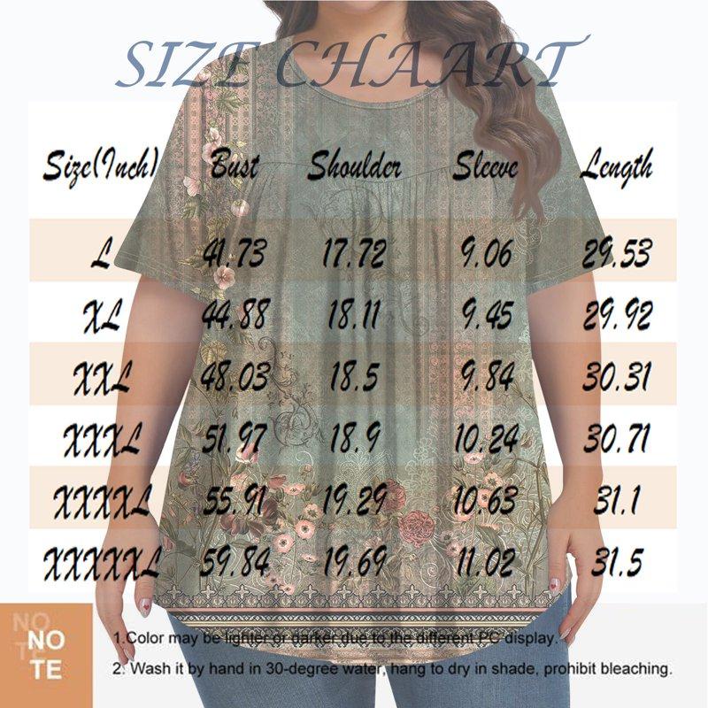 TQWQT Womens Plus Size Tops 4x-5x Summer Crew Neck T Shirts Floral Print T-Shirt Short Sleeve Ladies Tops And Blouses Loose Casual Curvy Women Clothes Army Green L