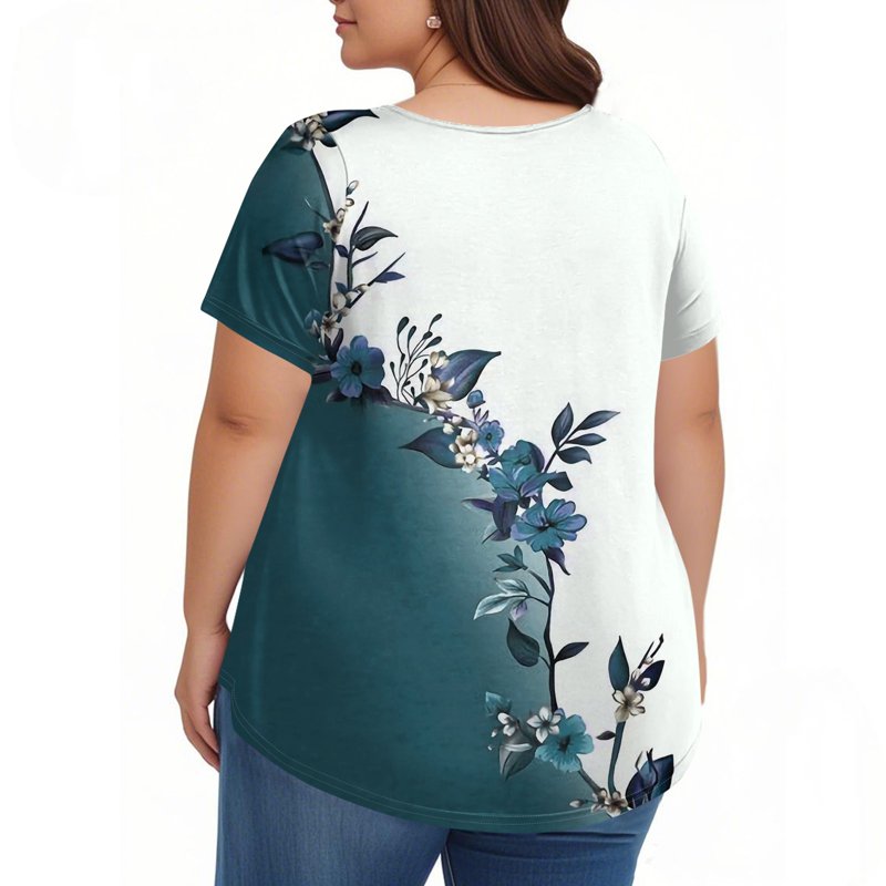TQWQT Womens Plus Size Tops 4x-5x Summer Crew Neck T Shirts Floral Print T-Shirt Short Sleeve Ladies Tops And Blouses Loose Casual Curvy Women Clothes Army Green L