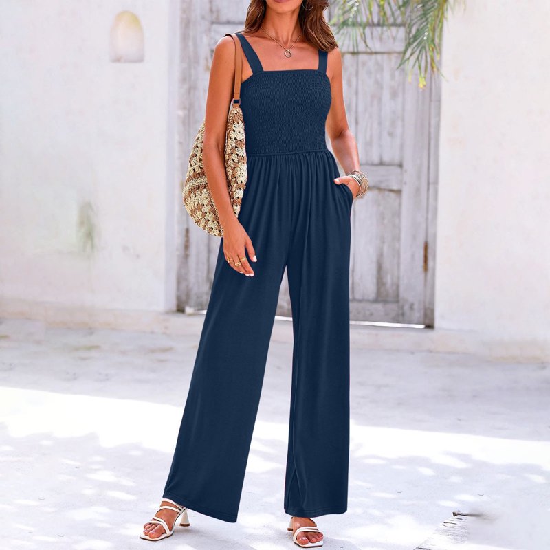 Trendy Smocked Jumpsuits Womens Casual Dressy Overalls One Piece Sleeveless Wide Leg Long Pant Rompers With Pockets (XL Navy)