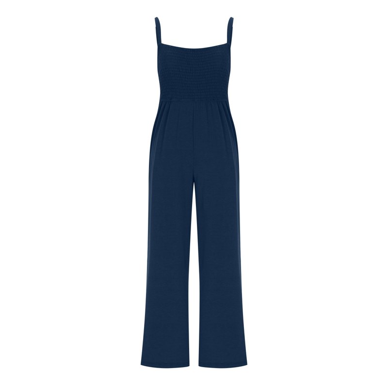 Trendy Smocked Jumpsuits Womens Casual Dressy Overalls One Piece Sleeveless Wide Leg Long Pant Rompers With Pockets (XL Navy)
