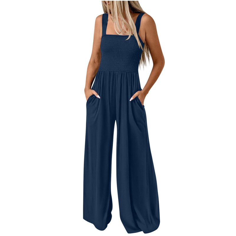 Trendy Smocked Jumpsuits Womens Casual Dressy Overalls One Piece Sleeveless Wide Leg Long Pant Rompers with Pockets (XL Navy)
