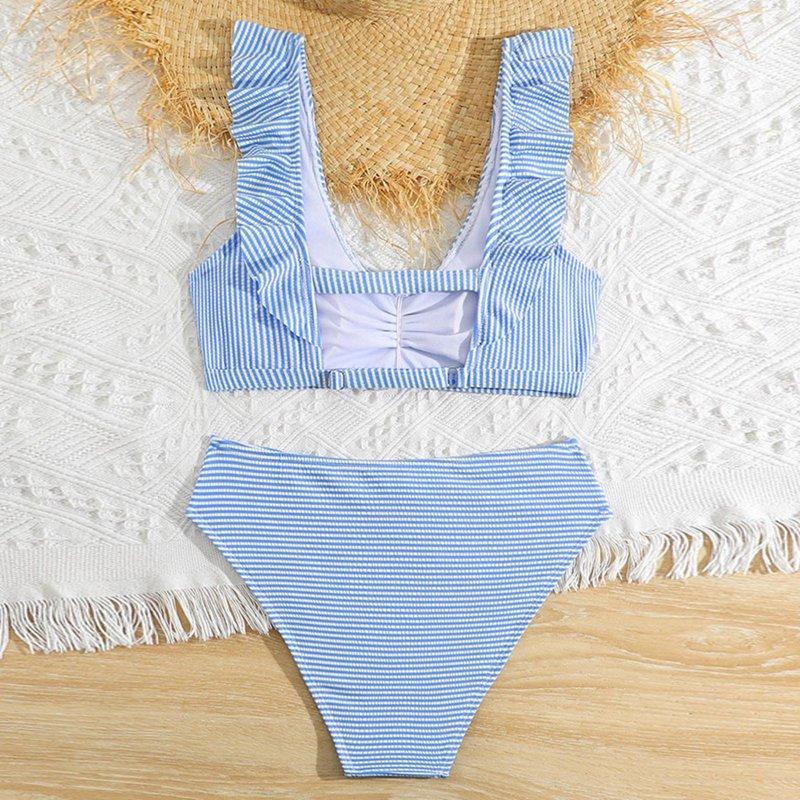 Ulitacool Swimsuits For Teens 13 Years Two Piece Striped Prints Bikini Swimwear Bathing Suit Retro Girl Clothes Light Blue